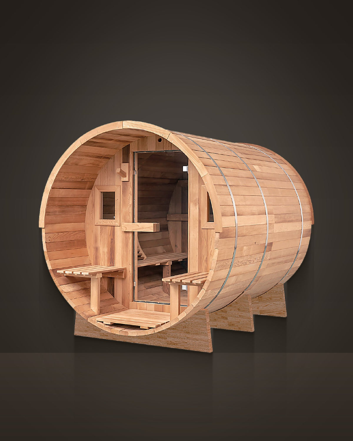 Tondo Porch 6: outdoor barrel sauna, red cedar staves with a covered porch. Glass door and two small windows.