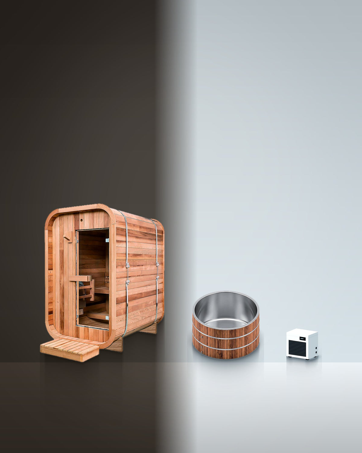 Triptych 2: Cove Cedar 2 and Barrel 3 and Floe side by side, studio photo.