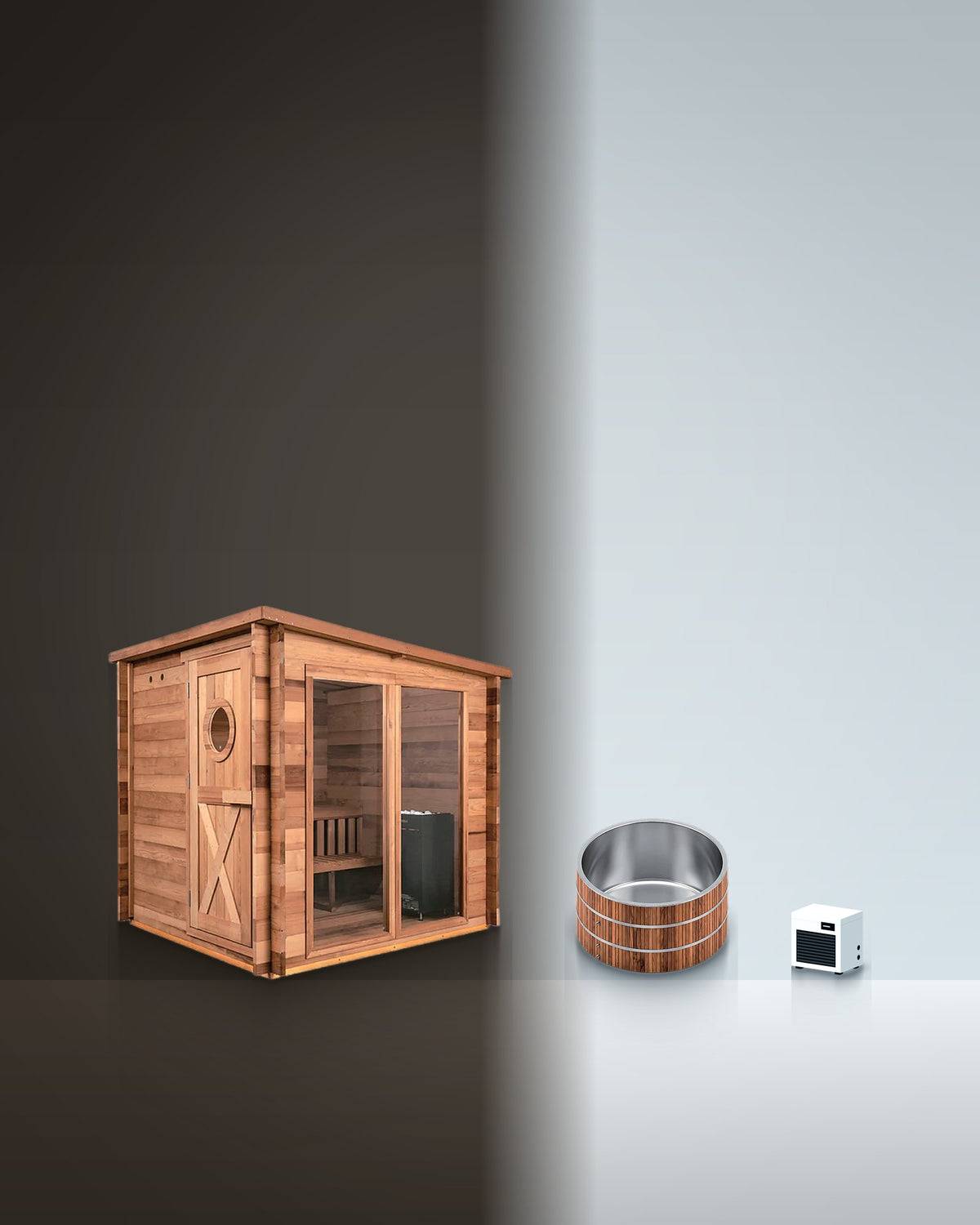 Triptych 8: Pavilion 8 and Barrel 3 and Floe side by side, studio photo.