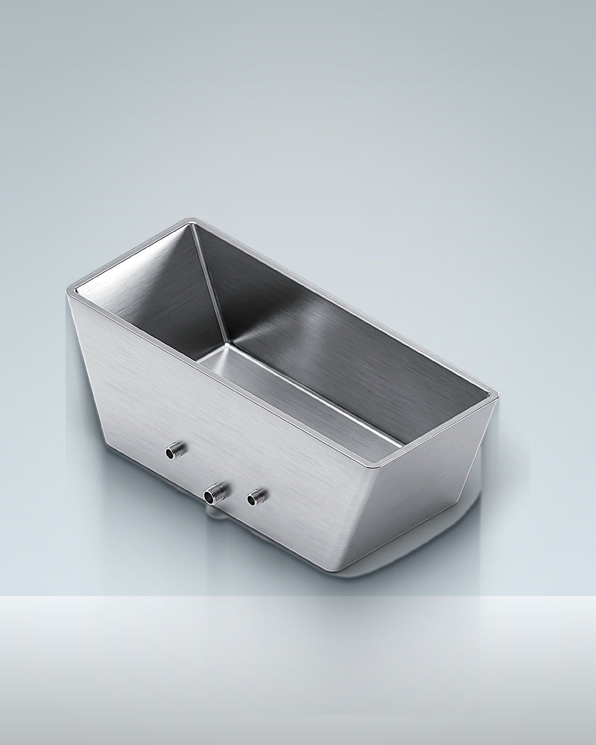 Trough 1: a brushed steel trough, straight-sided and deep, studio photo.