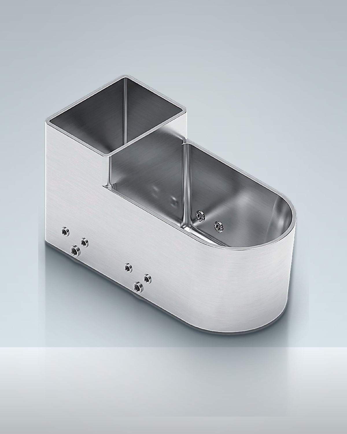Trough 2: a steel trough with a seat at one end, studio photo.