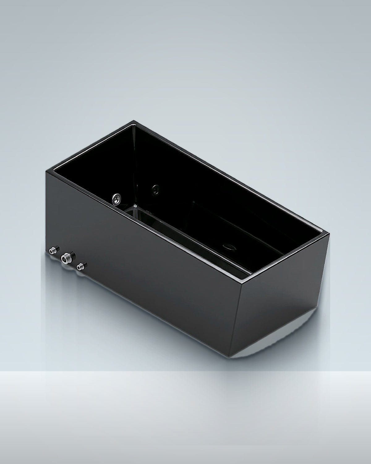 Tub 2: a black acrylic tub for one, deep and plain, studio photo.