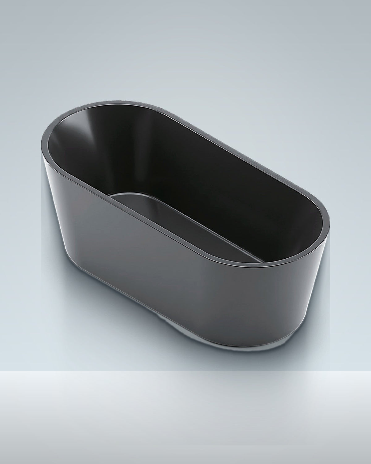Tub 3: an oval black acrylic tub, soft at every edge, studio photo.