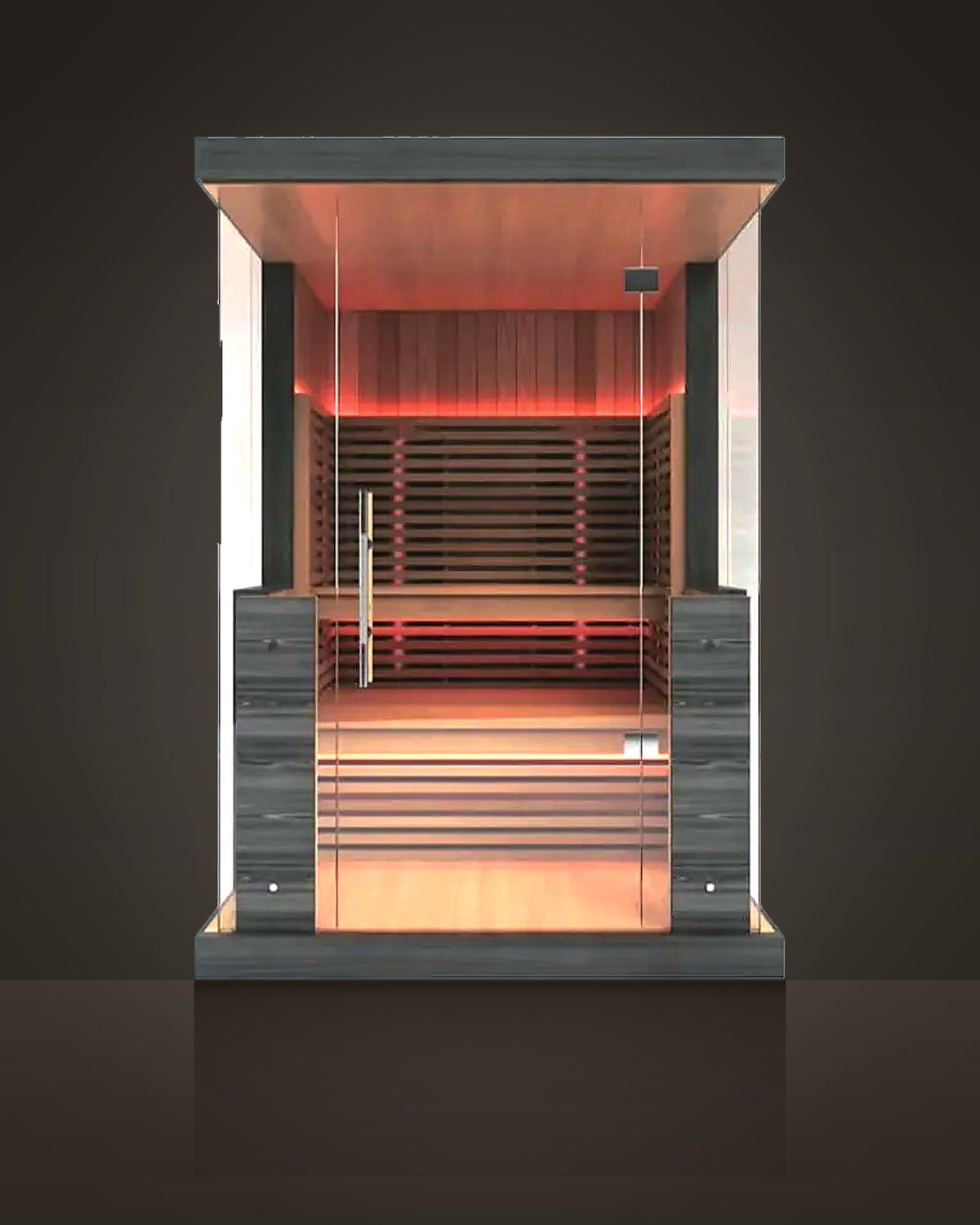 Vitrine 2: outdoor glass-front sauna, dark grey panels outside, red-toned timber inside. Frameless glass front with glass upper side walls.