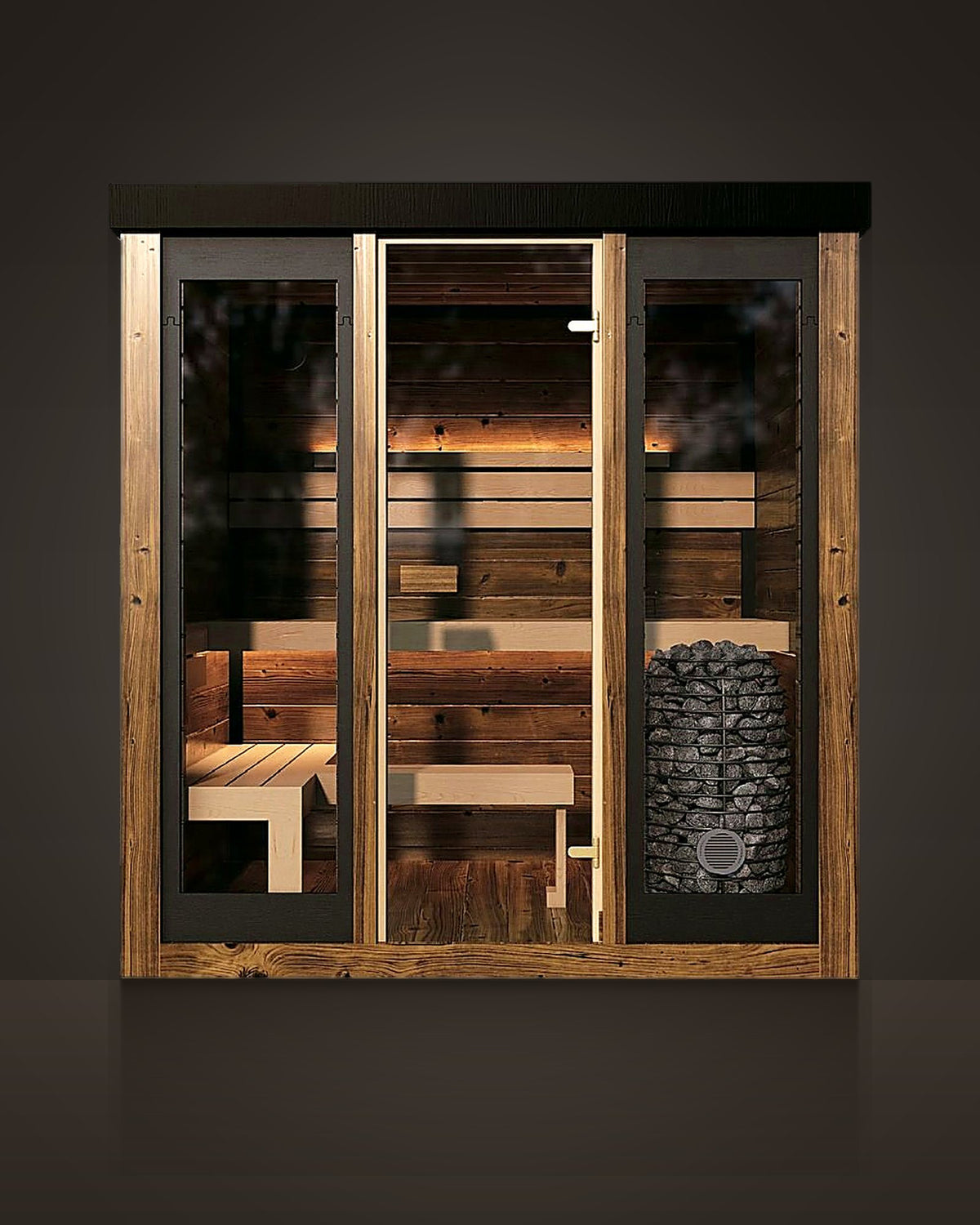 Vitrine 3: outdoor glass-front sauna, dark aged timber, black window frames, pale benches. Glass door between two full-height windows.