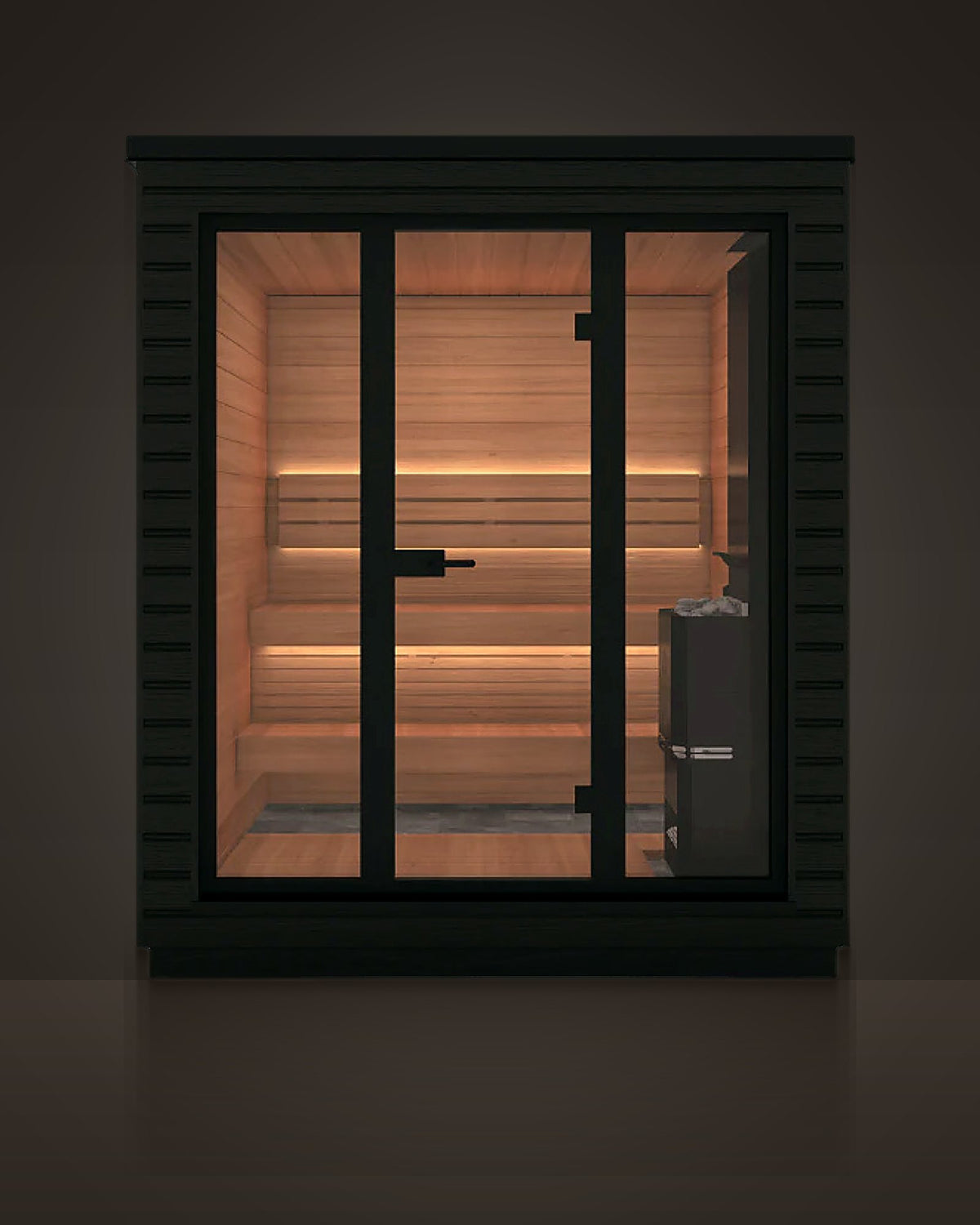 Vitrine 4: outdoor glass-front sauna, black slatted exterior, pale timber inside. Full glass front: three black-framed panels.