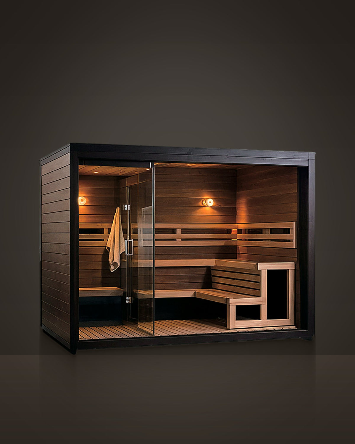 Vitrine Black 6: indoor glass-front sauna, black frame and dark cladding; smoked timber inside, pale benches. Floor-to-ceiling glass front with a frameless door.