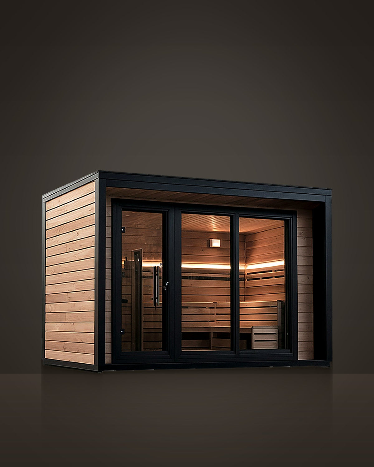 Vitrine Pale 6: indoor glass-front sauna, light timber in a matte black frame under a deep canopy. Full glass front: three black-framed panels.